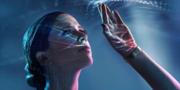 Caucasian woman with high technology effects on and around her Caucasian woman with high technology effects on and around her