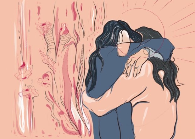Illustration of the emotional moment between two hugging friends. Friends and Family Support. A young woman comforts her best friend from stress and depression.