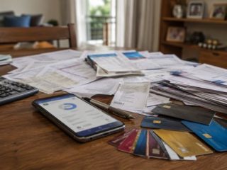 Cartões de crédito, smartphone, faturas e calculadora sobre uma mesa representam a expansão do crédito e o endividamento das famílias brasileiras.