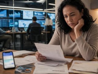 Consumidor analisa faturas e cartões enquanto profissionais de instituição financeira avaliam dados de crédito ao fundo.